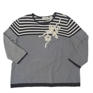 Alfred Dunner Navy Striped Floral Knit Sweater XL